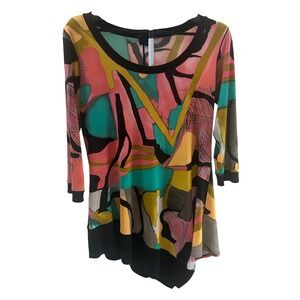 Eva Varro Abstract Print Tunic Top 3/4 Sleeve Asymmetrical Hem Women's L